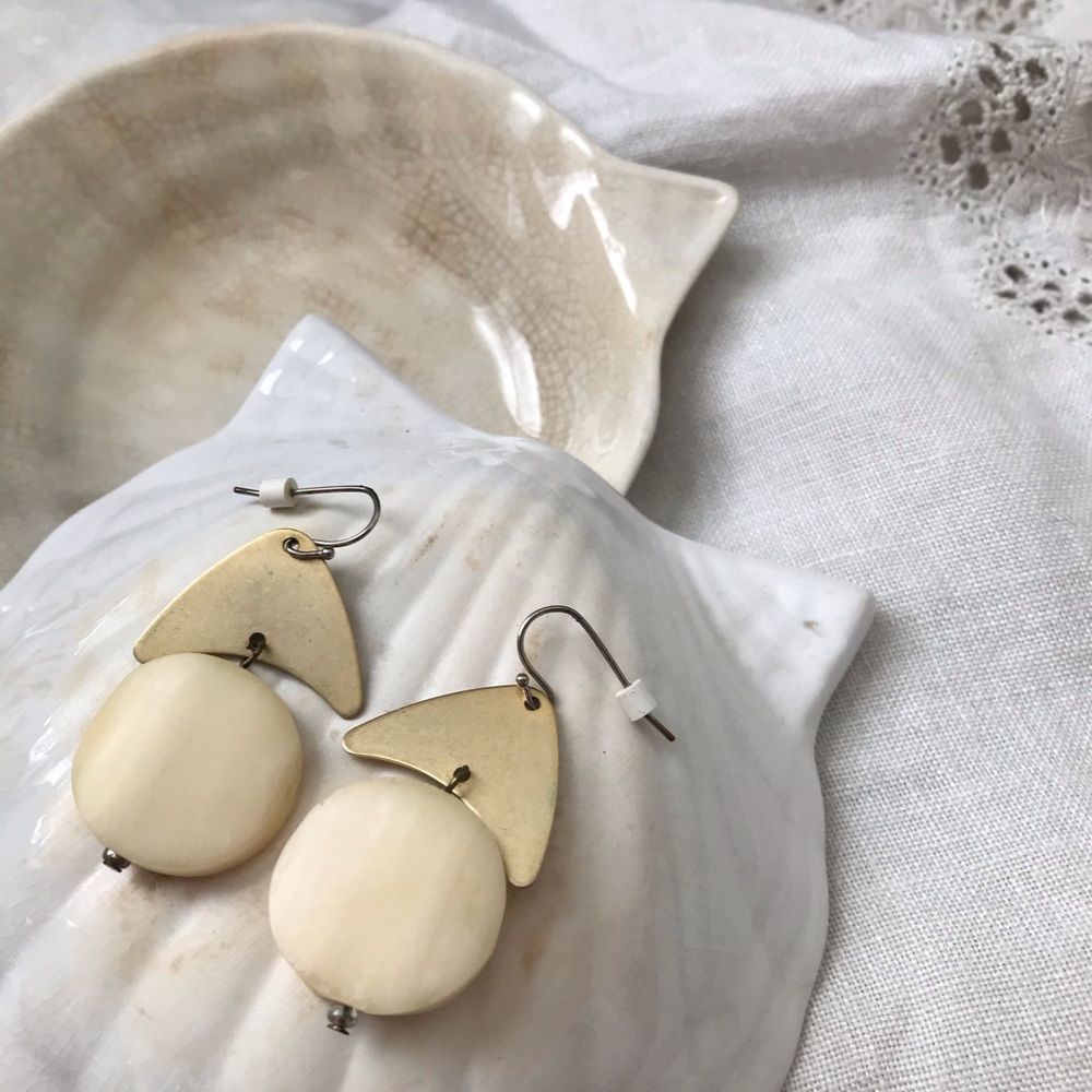 Vintage Minimalist Brass Ivory Shell Earrings